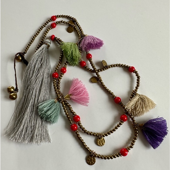 Anthropologie Jewelry - Tassel gold bead necklace boho festival jewelry jingle bells 16in drop 20in